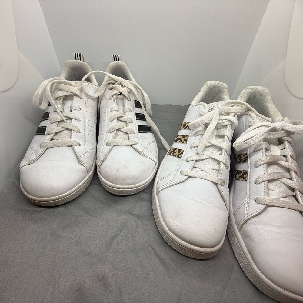 Size 5 Women’s White Vegan Leather Sneakers Black Stripes Leopard 2 pairs